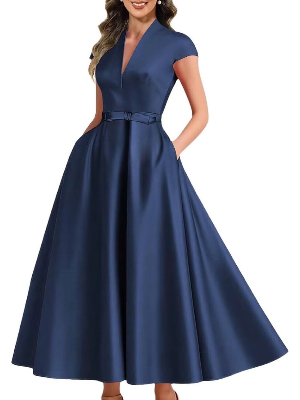 Beginning Boutique Satin Navy Maxi Dress with V-Neck and Belt